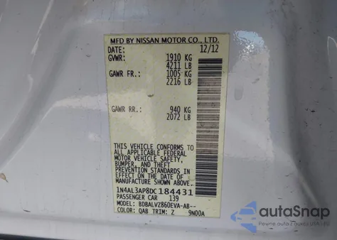 2013 Nissan Altima 2.5 Sl from USA, damaged, VIN 1N4AL3AP8DC184431